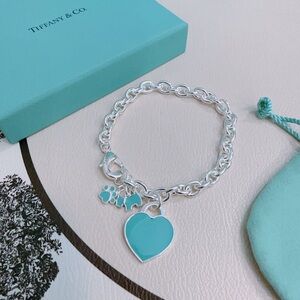 Tiffany & Co. Silver Link Bracelet with Tiffany Blue Heart and Paw Charms
